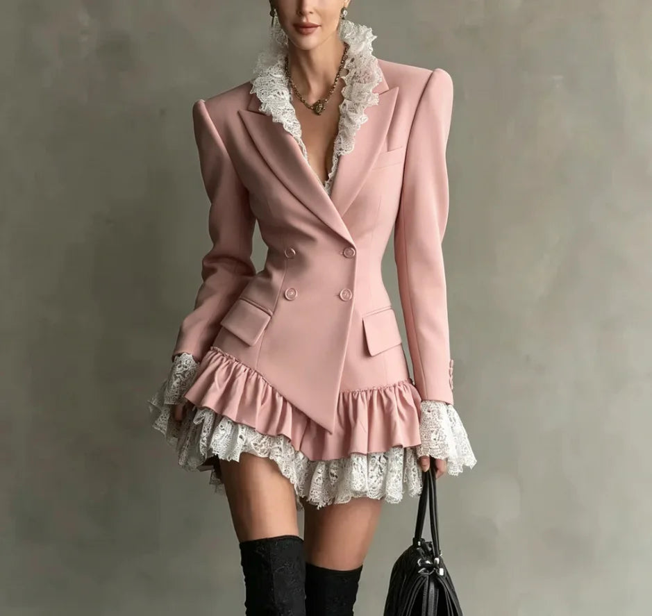 Mini Dress – Double Breasted Lapel – Lace Ruffle Silhouette – Polyester | KIMLUD