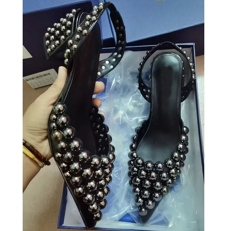 Rivet Studded Sandals With Crystal Bead — Red | KIMLUD