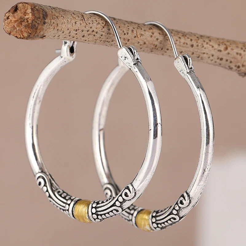 Hoop Earrings – Two-tone Textured Design – Copper Metal – Silver | KIMLUD