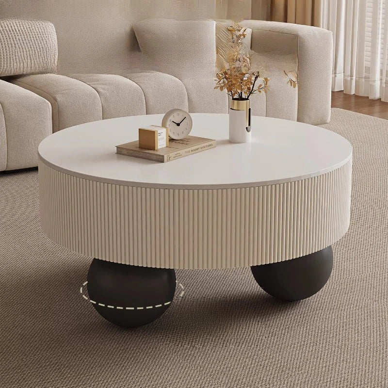 Minimalist Round Coffee Table With Storage Drawers — Ivory White | KIMLUD