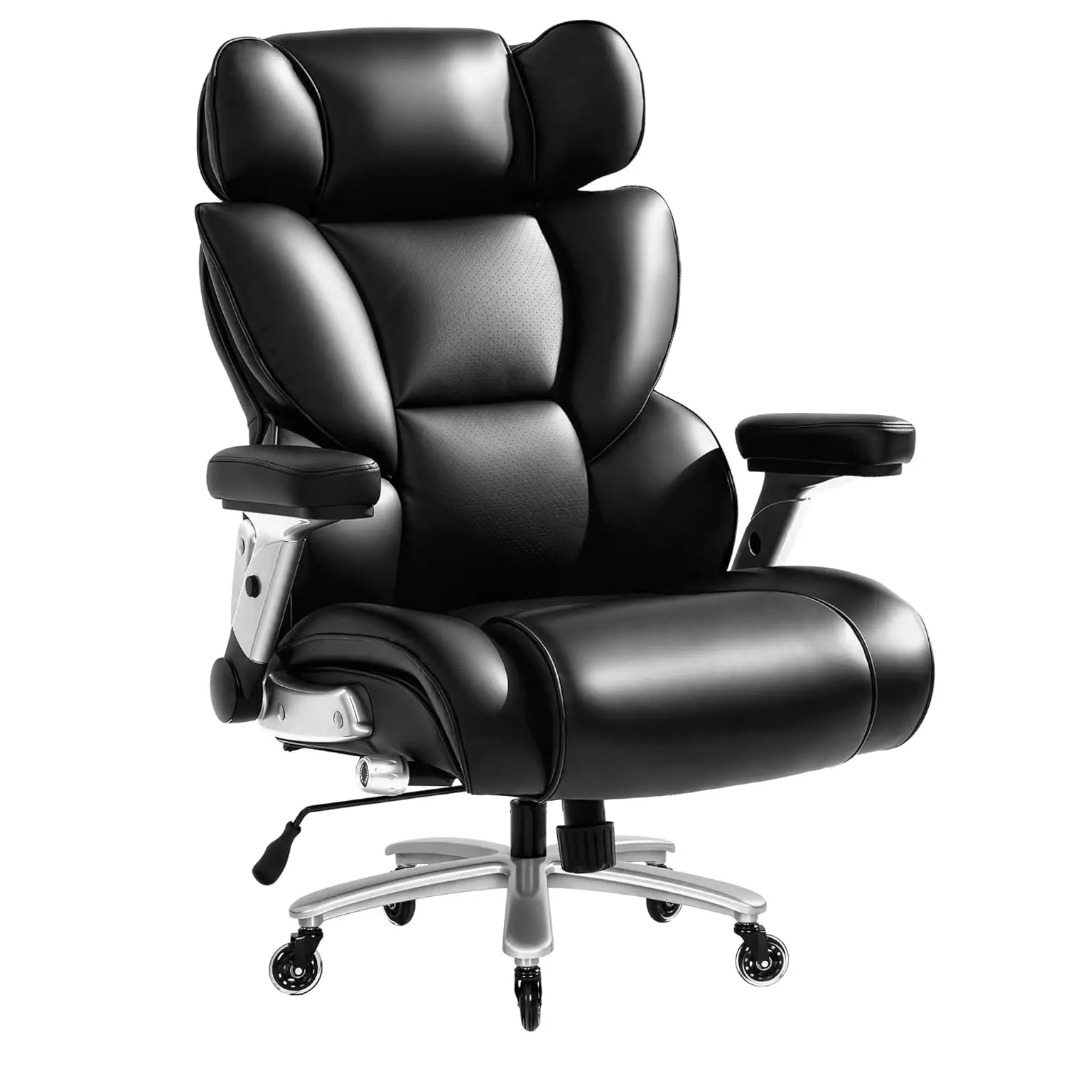 Leather and Steel Office Chair 600lbs Capacity with 2D Lumbar — Black | KIMLUD