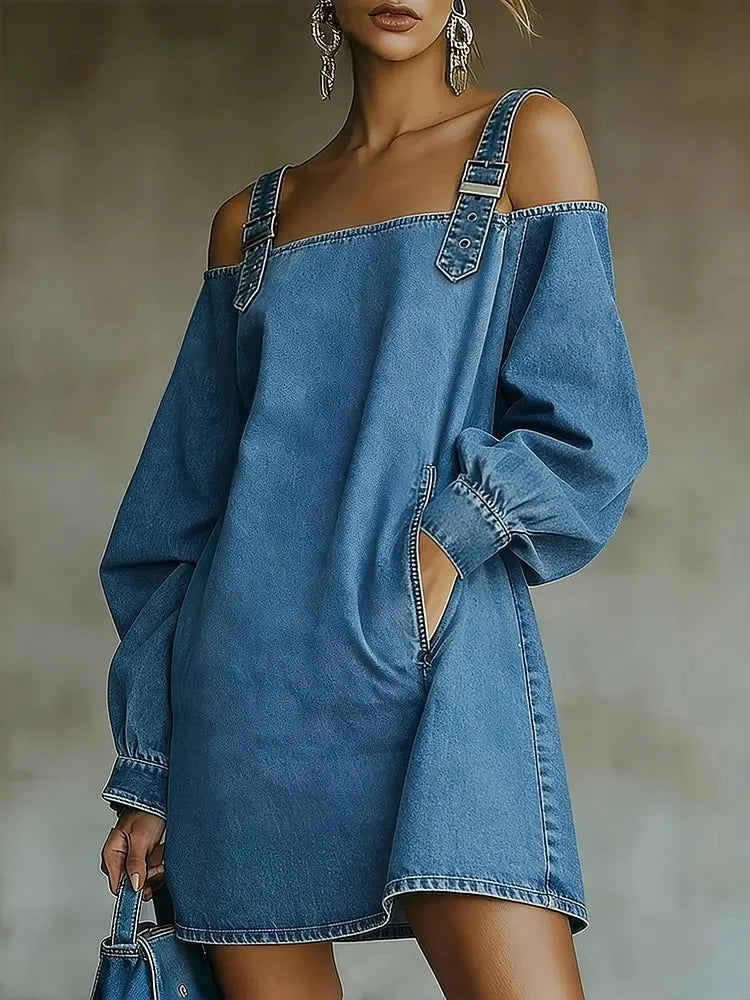 Women's Denim Mesh Patchwork Mini Dress Blue Vintage High Neck Sheer Long Sleeve Ruffle Hem Mesh Sheer Casual Streetwear Dresses