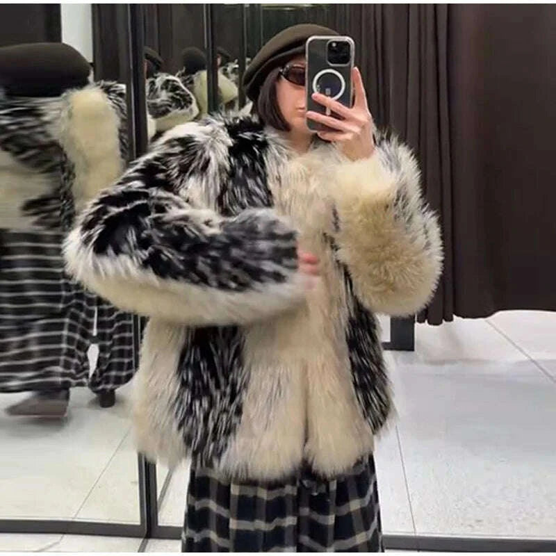 KIMLUD, Elegant  Fur Women's Coat O-neck Long Sleeve Thicken Warm Female Jackets 2025 Winter Fashion Panelled Furry Lady Outwears, KIMLUD Womens Clothes