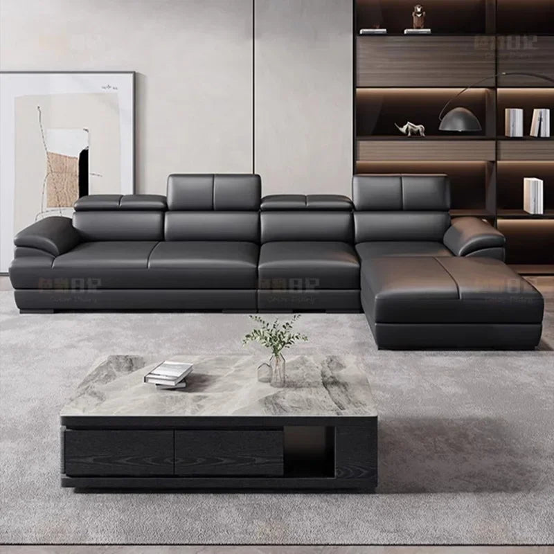 Minimalist Sectional Sofa Modular Design With Cowhide Accents — Charcoal Black | KIMLUD
