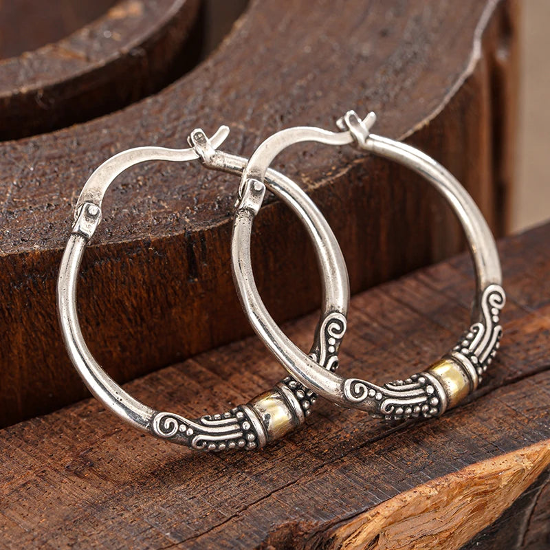 Huitan Vintage Two Tone Bohemian Style Hoop Earrings for Women Engraved Design Novel Trendy Party Big Circle Statement Jewelry