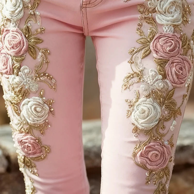 Romantic Pink Rose Flower Print Jeans Vintage Elegant Buttoned Women's Pants Autumn High Waist Slim Chic Trousers Harajuku Mujer