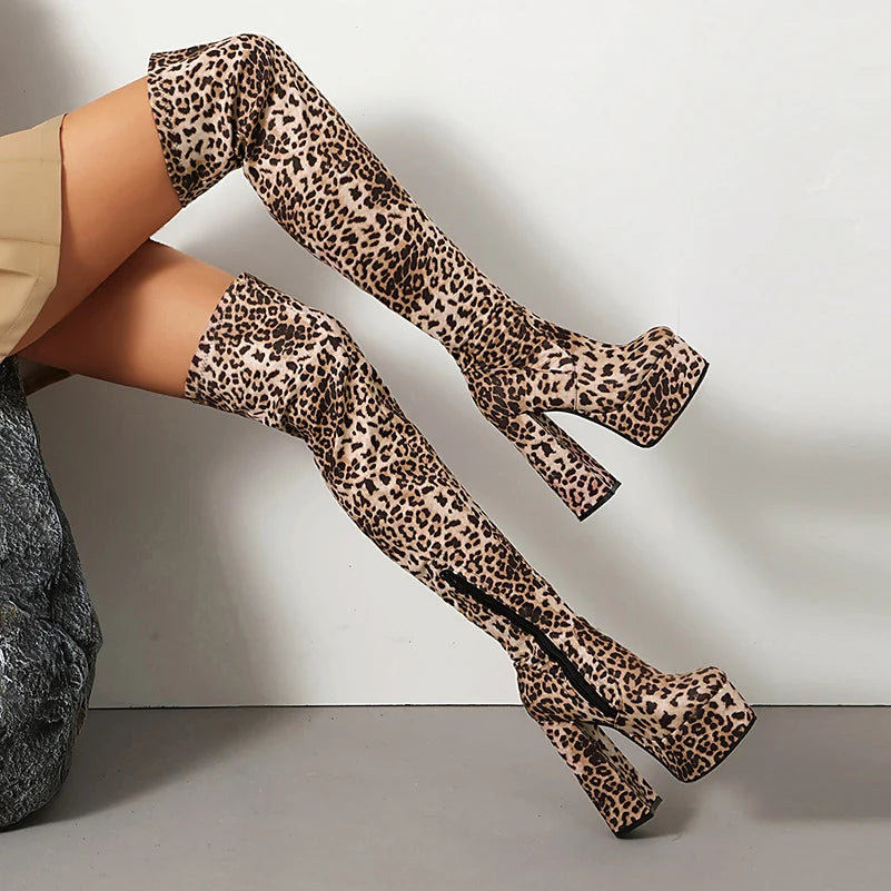 Over The Knee Boots – Leopard Print Velvet – Velvet – Leopard Print | KIMLUD