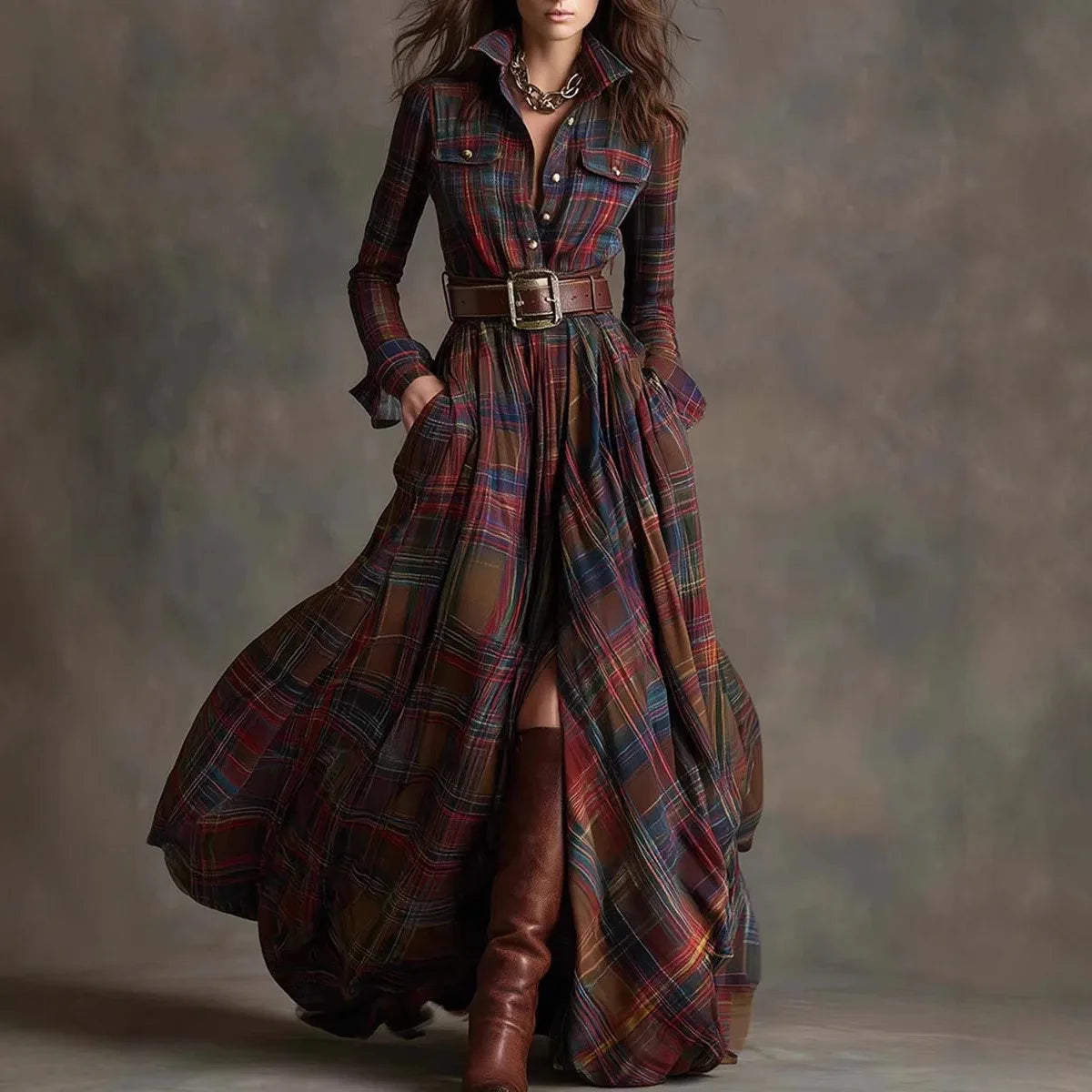 Maxi Dress – Plaid Print – Long Sleeve – Button Pocket – Polyester | KIMLUD