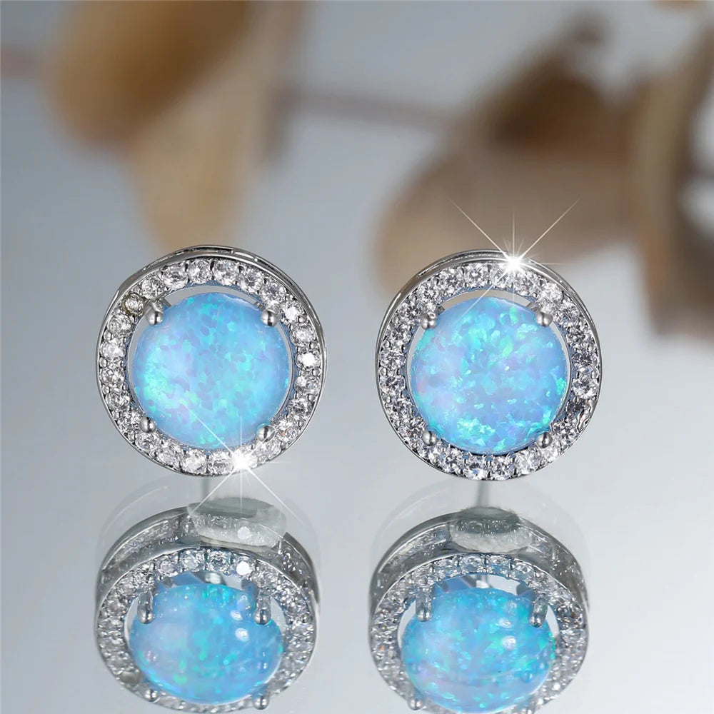Crystal Opal Stud Earrings Round Stone — Silver | KIMLUD