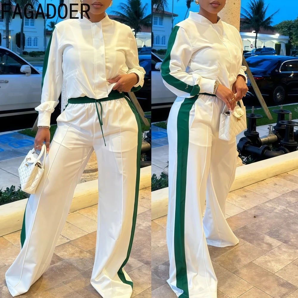 Two-Piece Polyester Spandex Set Crop Top And Long Pants — White | KIMLUD