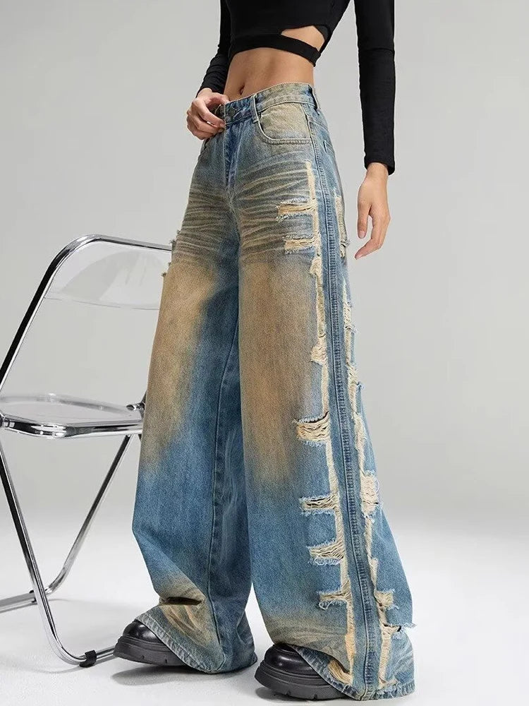 Jeans Ripped Tassel Wide Leg Denim — Blue | KIMLUD