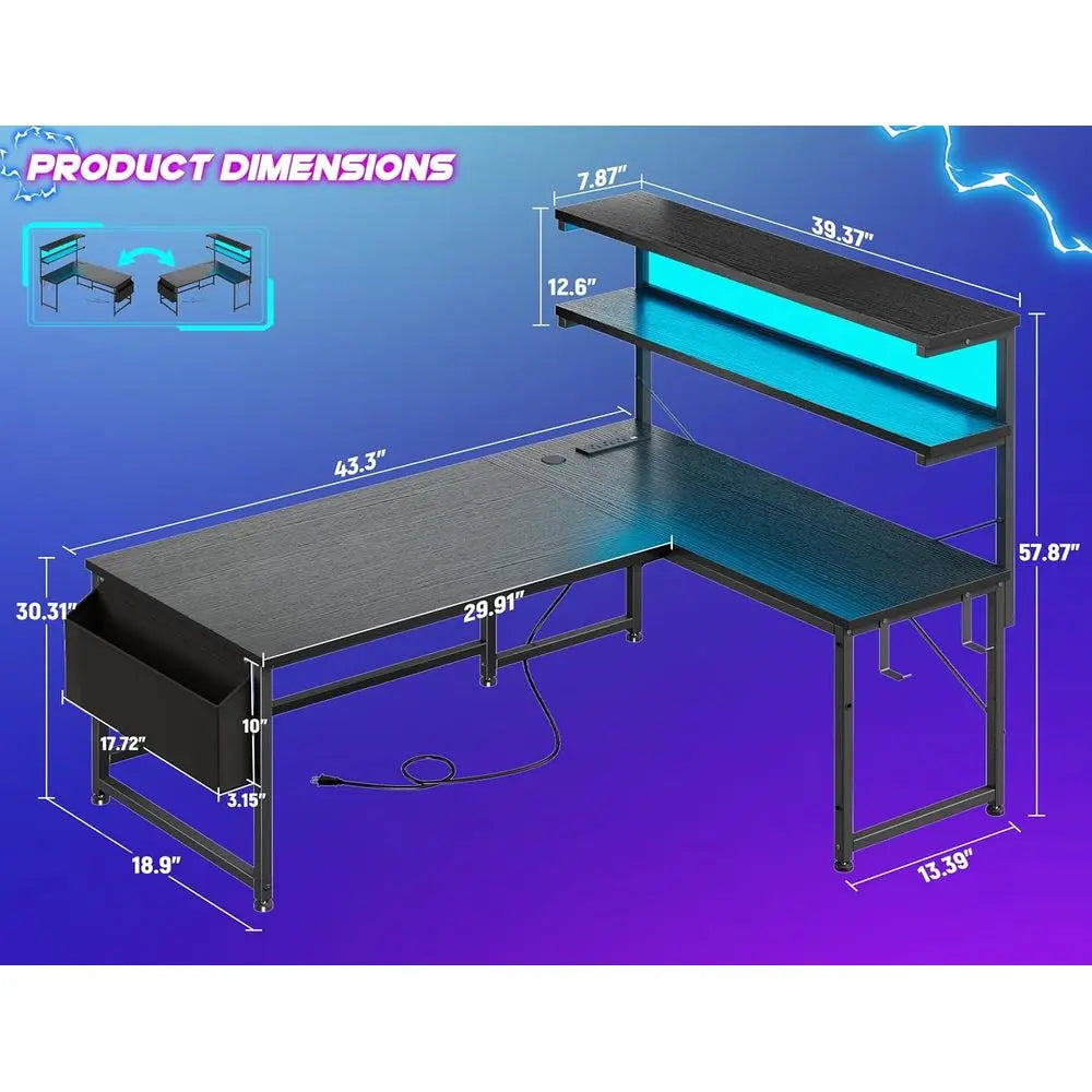 LED-lit 43.3 L-Shaped Gaming Desk with Power Outlet, Storage, and Hook for Home or Office