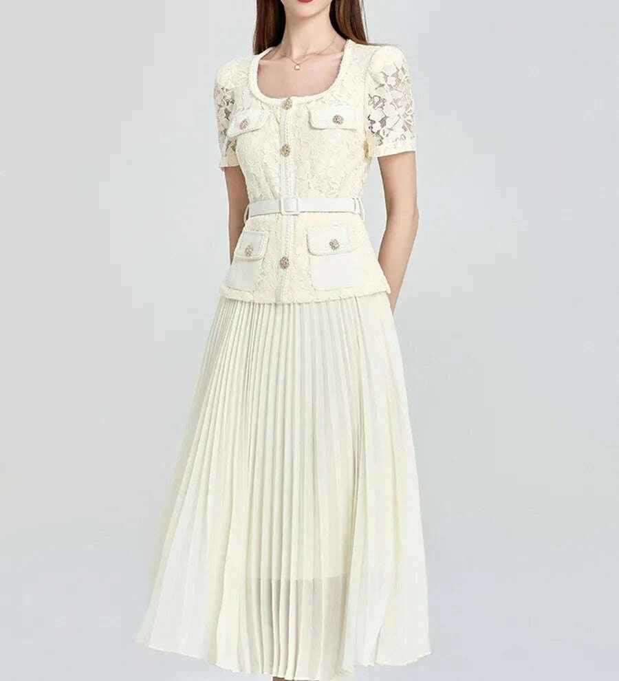 Runway Designer Summer Flower Embroidery Lace Chiffon Prom Dress Women Short Sleeve Single Breasted Midi Long Vestidos Party