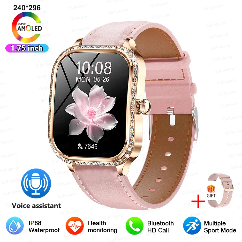 KIMLUD, 2025 New Lady Smart Watch Women AMOLED Curved Screen IP68 Waterproof Health Call Smartwatch For Samsung Huawei Apple Watch 4 ios, Pink leather / samrt watch, KIMLUD APPAREL - Womens Clothes