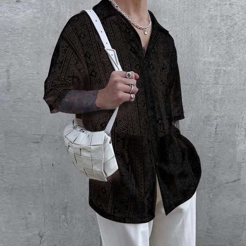 2023 Fashion Men Shirt Mesh Lace Transparent Streetwear Lapel Short Sleeve Button Camisas Party Sexy Men Clothing S-5XL INCERUN