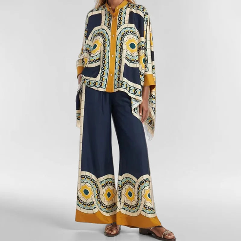 Two Piece Set – Irregular Geometric Print – Wide Leg – | KIMLUD