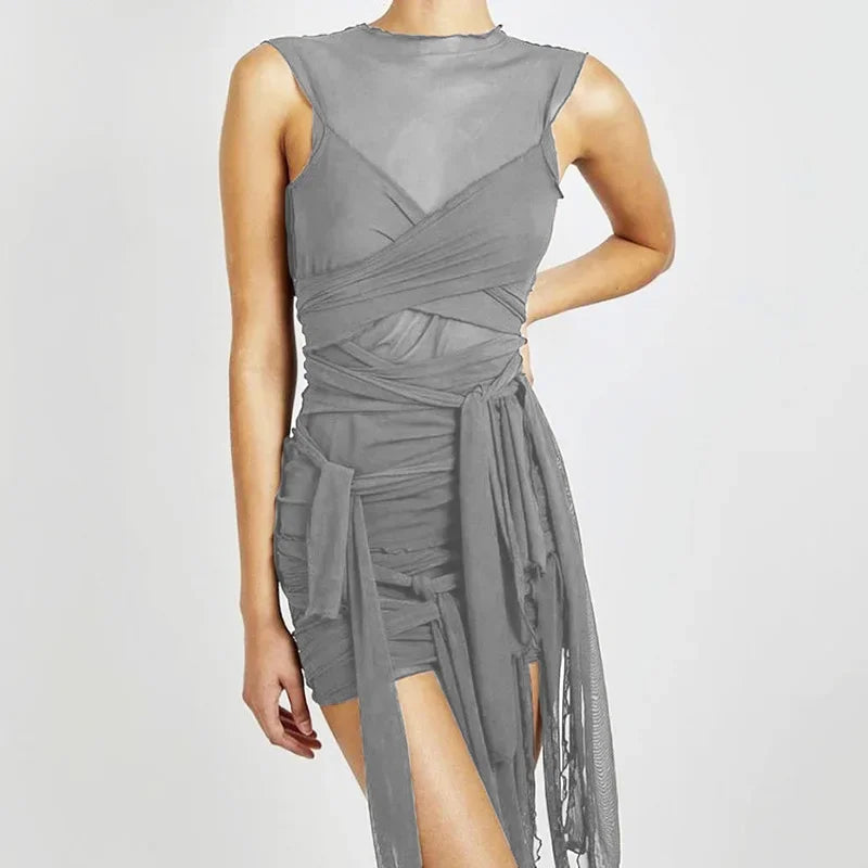 Ribbon-Wrapped Dress Draped See-Through Mesh Bandage Short High-Waist — Brown | KIMLUD