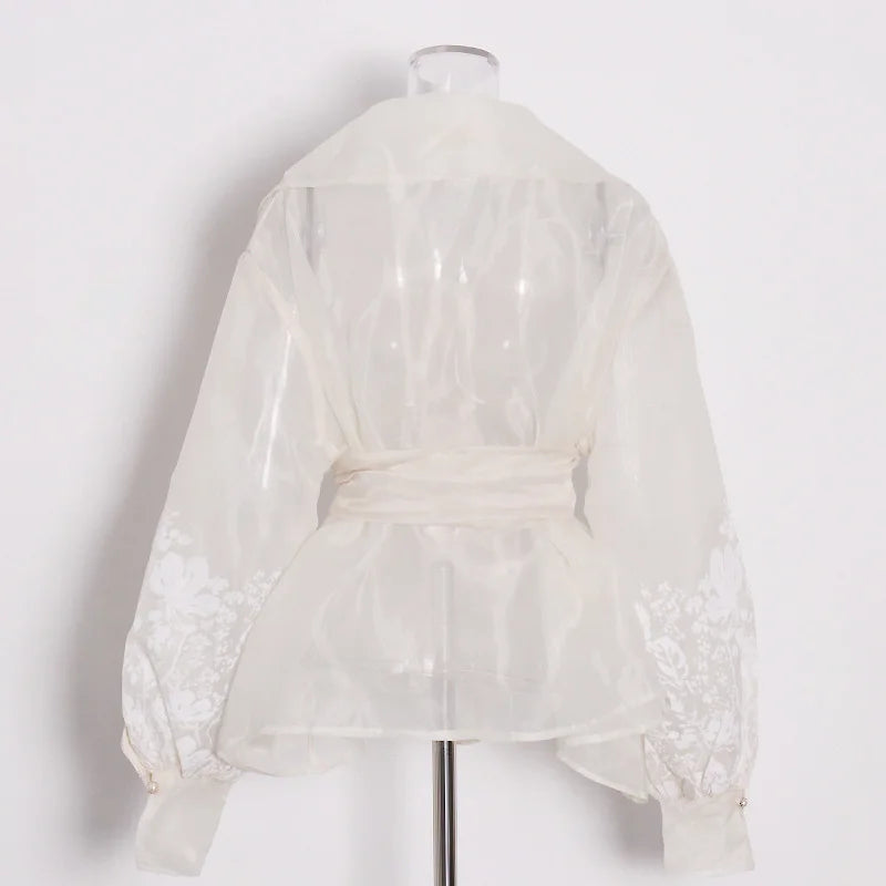 TWOTWINSTYLE Colorblock Patchwork Lace Up Shirts For Women V Neck Lantern Long Sleeve Temperament Blouses Female Fashion Style