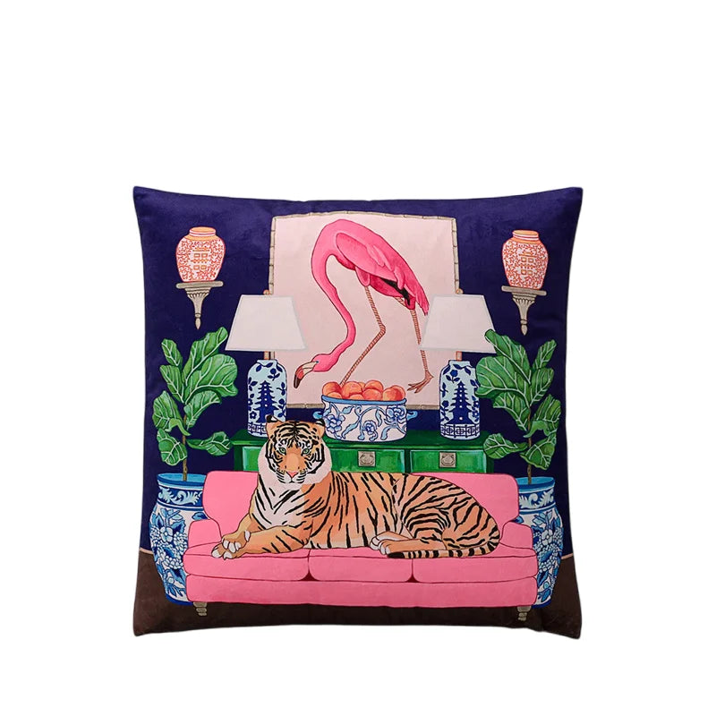 Pink Chinoiserie Pillow Covers 16x16 Inch Traditional Style Bird Dog Floral Vase Decorative Throw Pillow Case Velvet Double Side