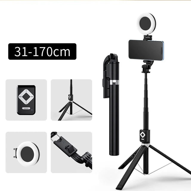 1.7m Extendable live Tripod Selfie Stick Support LED Ring Dual light mirror Stand 4 in 1 Phone Mount for iPhone X 8 11 Android
