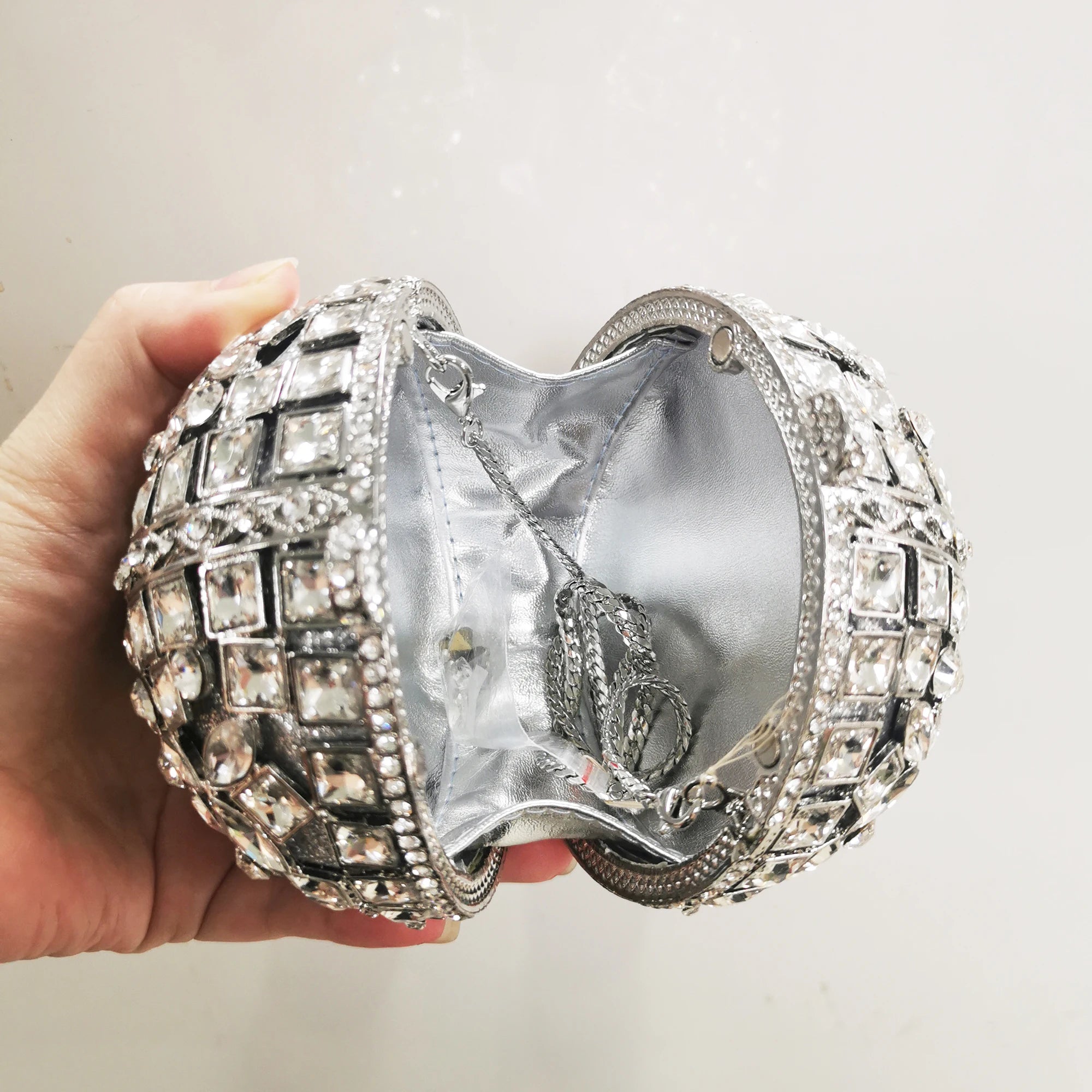 Woman Silver Crystal Stone Ball Shape Evening Bag Banquet Birthday Party Gift Lady Handbag Wedding Bridal Diamond Hollow Purse