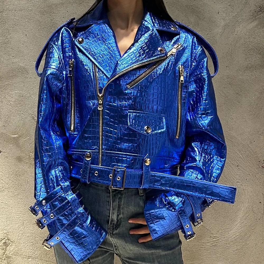 Shiny Blue Women Leather Jacket Real Lambskin Leather Cloth Streetwear Leather Jackets