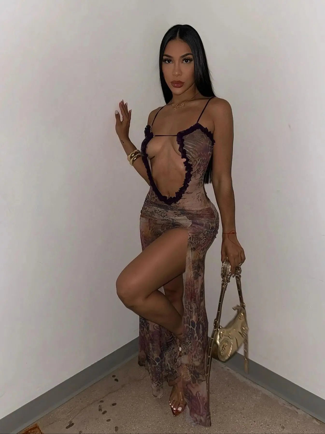 Polyester Elastane Sheer Mesh Maxi Dress — Black | KIMLUD