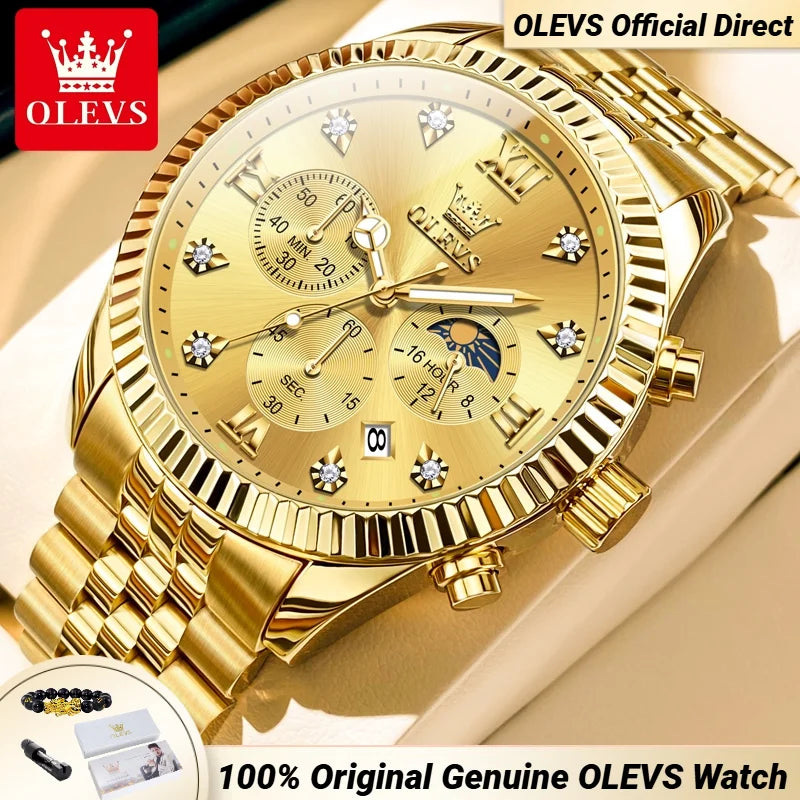 OLEVS 2932 Men's Luxury Watch Fashion Multi functional Waterproof Lunar Phase Chronograph Code Watch High end Brand Quartz Watch