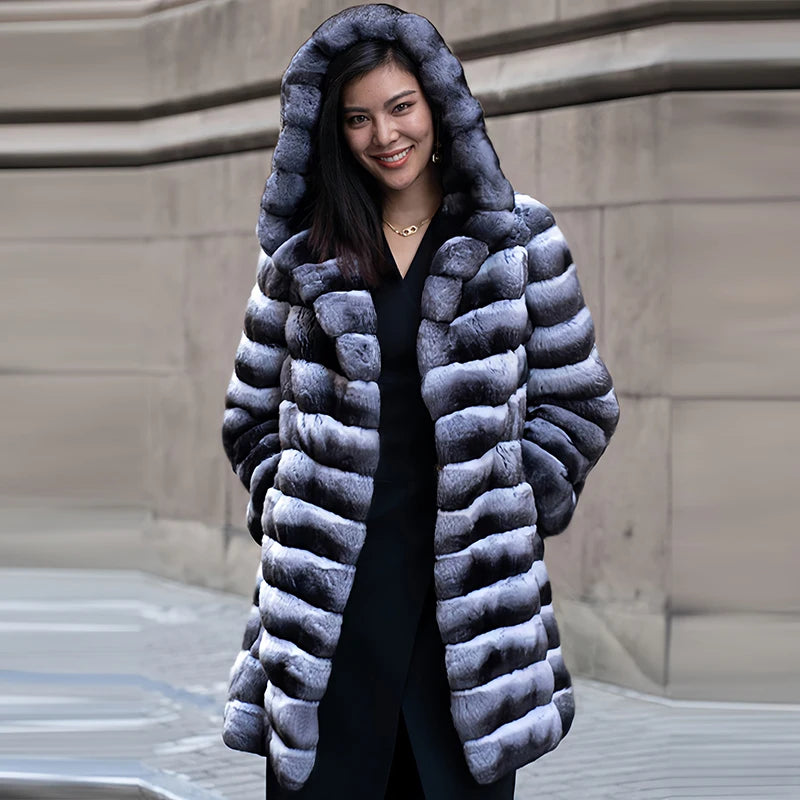 New Women's Faux Chinchilla Fur Coat Hooded Warm And Comfortable Autumn And Winter Faux Fur Coat Women
