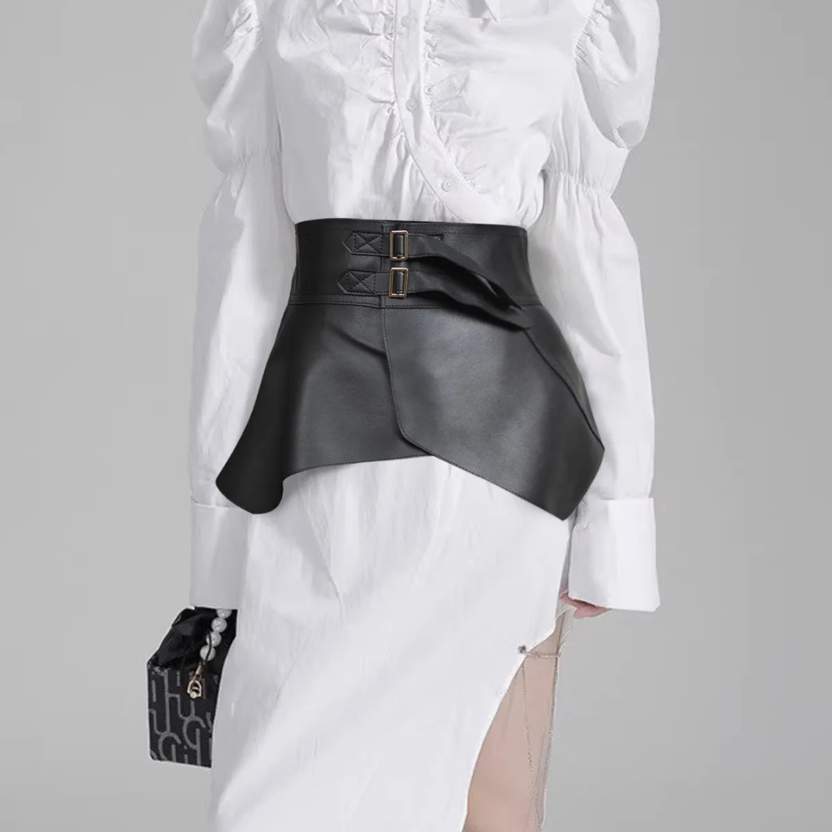 Leather Skirt - Exaggerated Ultra-Wide Belt - Leather | KIMLUD