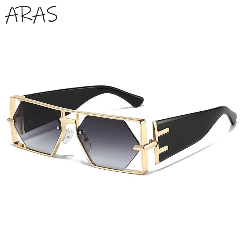 Steampunk Sunglasses Rectangle Hexagon Frame Hollow Alloy — Gold | KIMLUD