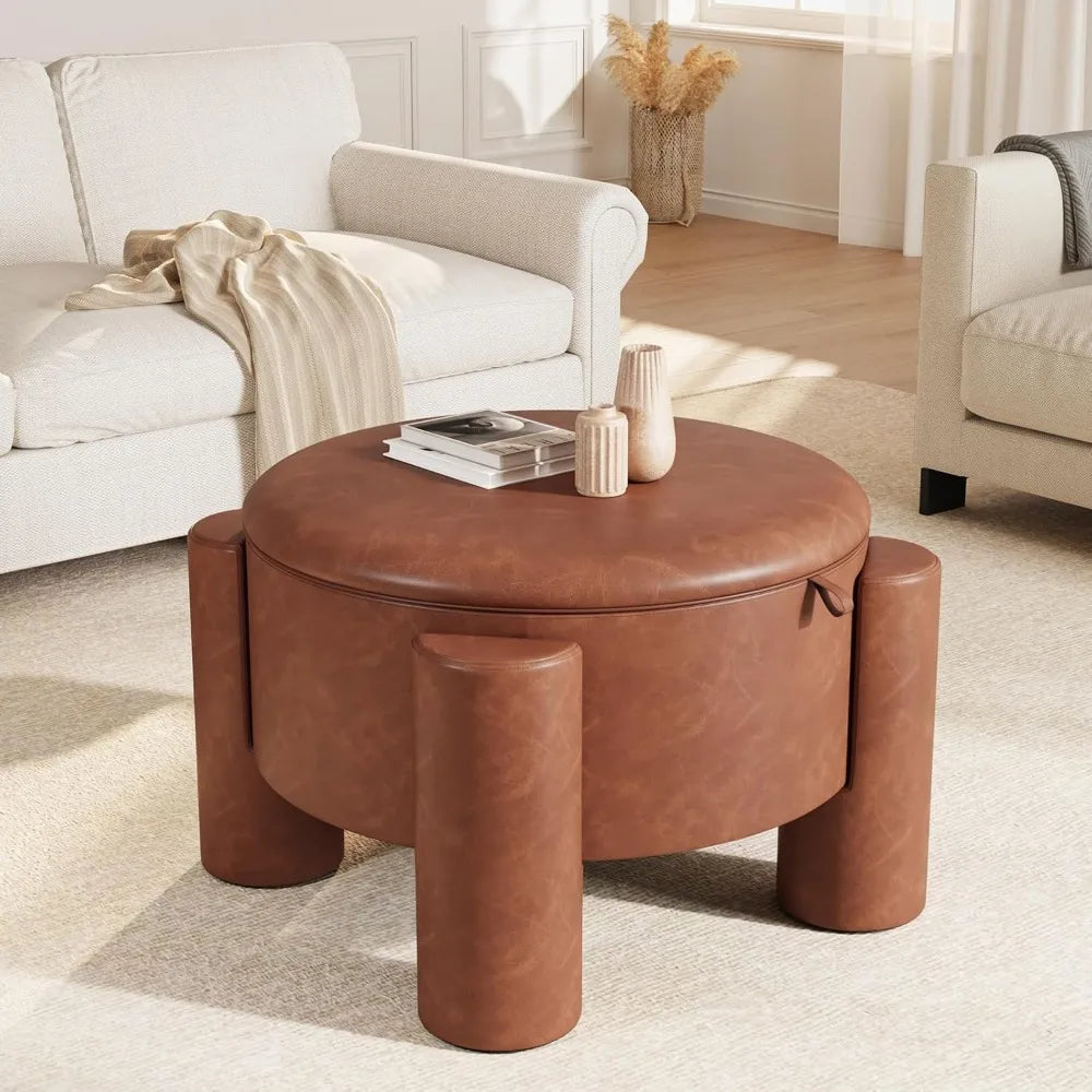 Storage Ottoman with Removable Top, 24" Round Coffee Table Ottoman & Upholstered Footrest, Faux Leather Ottoman for Small