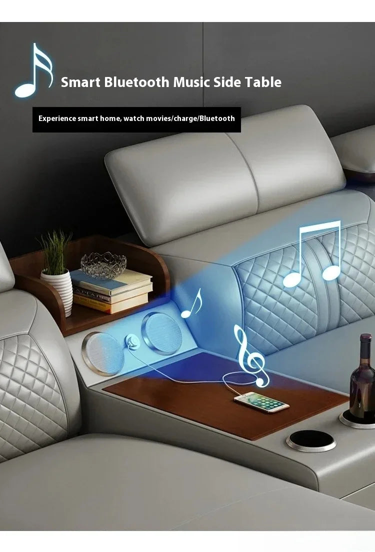 Genuine Italian Leather Sofa L-Shaped With Cup Holders USB Bluetooth — Light Gray | KIMLUD