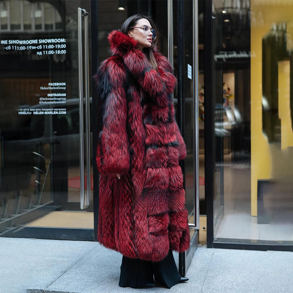 KIMLUD, 120cm Long Real Silver Fox Fur Coat with Big Turn-down Collar High Street Women Genuien Wholeskin Fox Fur Coats Outwear Woman, KIMLUD Womens Clothes