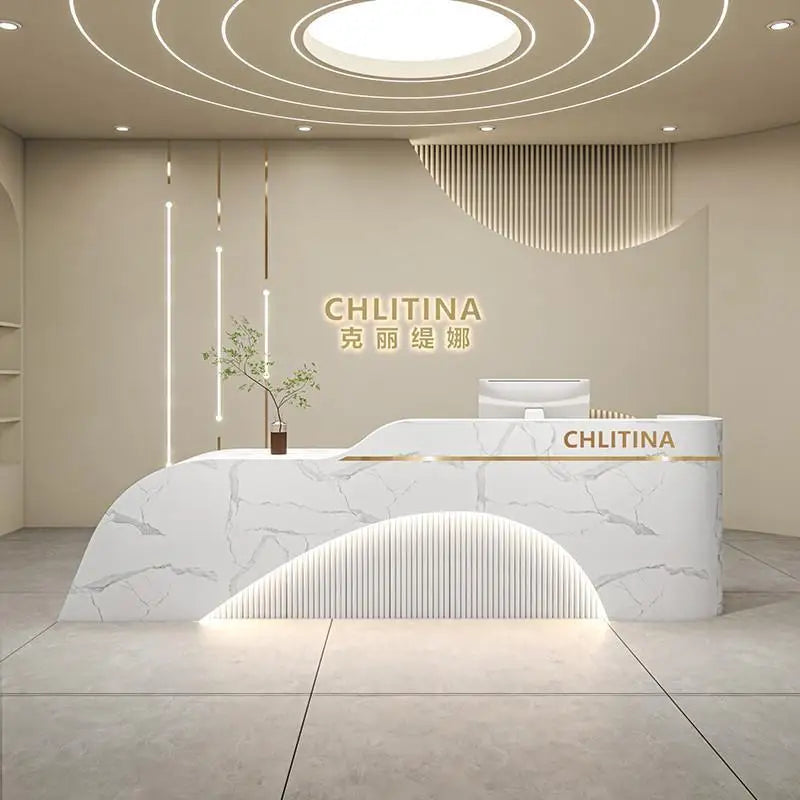 Simple Modern Front Reception Desk Curved Silhouette — White | KIMLUD