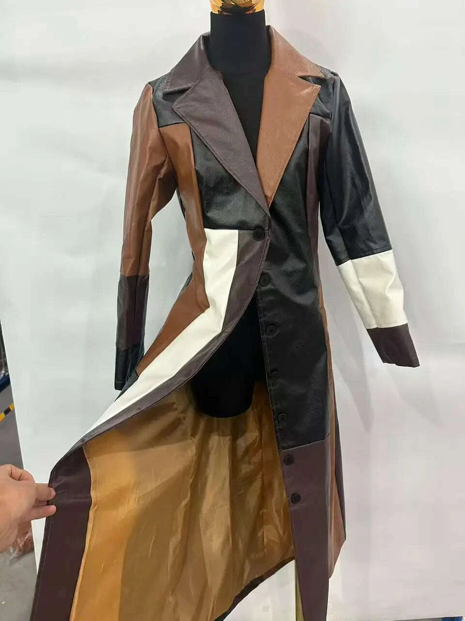 Vintage Style V Neck Long Jackets Fashion Trench Turn-Down Collar Patchwork Single Button Long Sleeve Long Trench Coat for Women