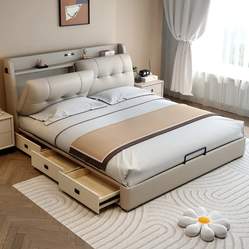 Minimalist Upholstered Bed Frame With Storage — Cream Beige | KIMLUD