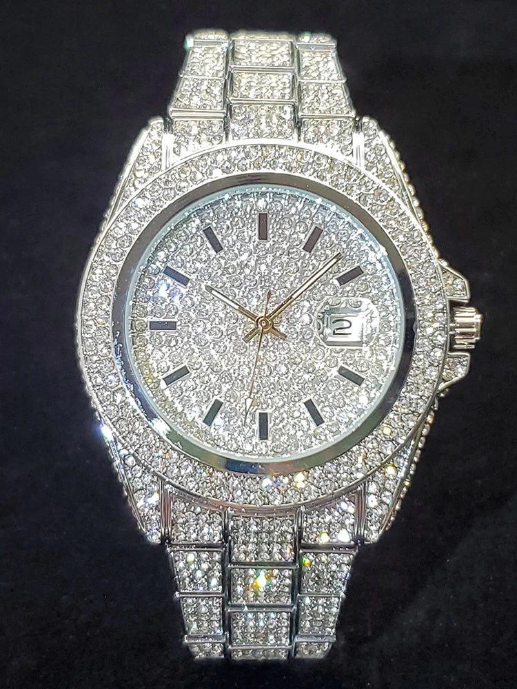 Men's Quartz Watch With Calendar Waterproof Wristwatches For Male Luxury Fashion Design Hip Hop Diamond Watches For Man Gift New