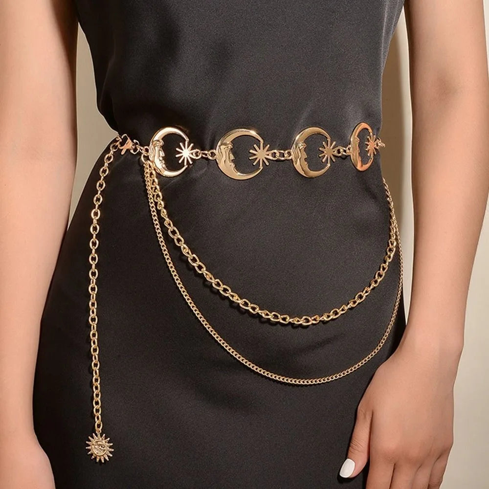 Punk Hip Hop Style Waist Chain Sun Moon Star — Silver | KIMLUD