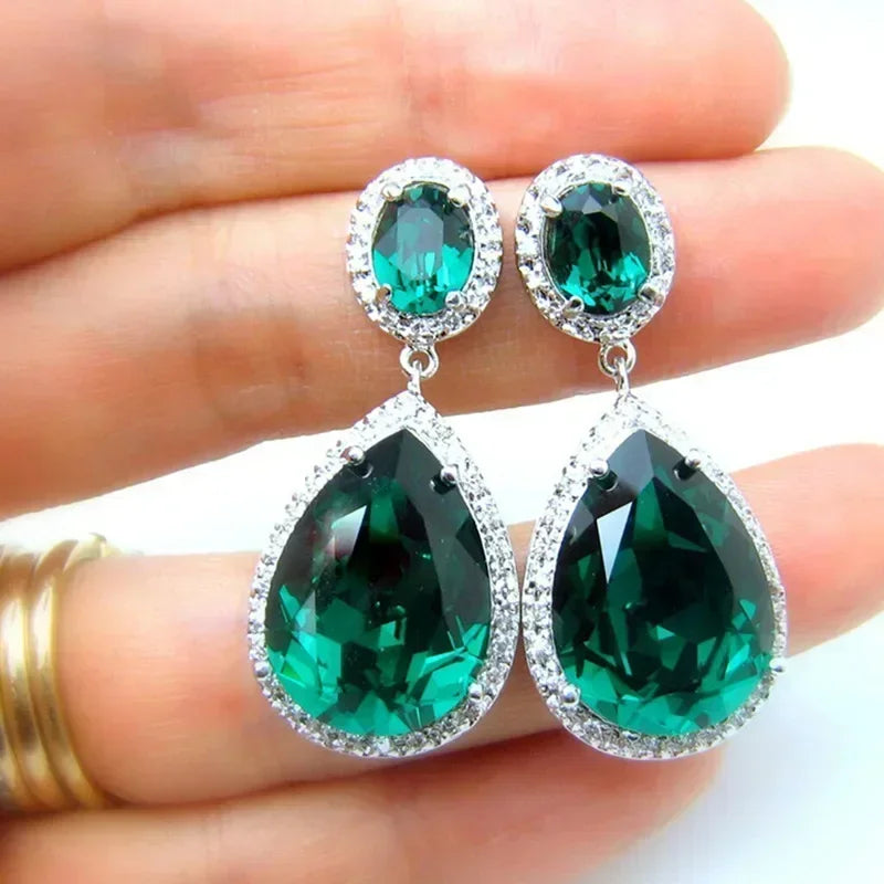 Cubic Zirconia Drop Earrings Water-Drop Inlaid — Emerald | KIMLUD