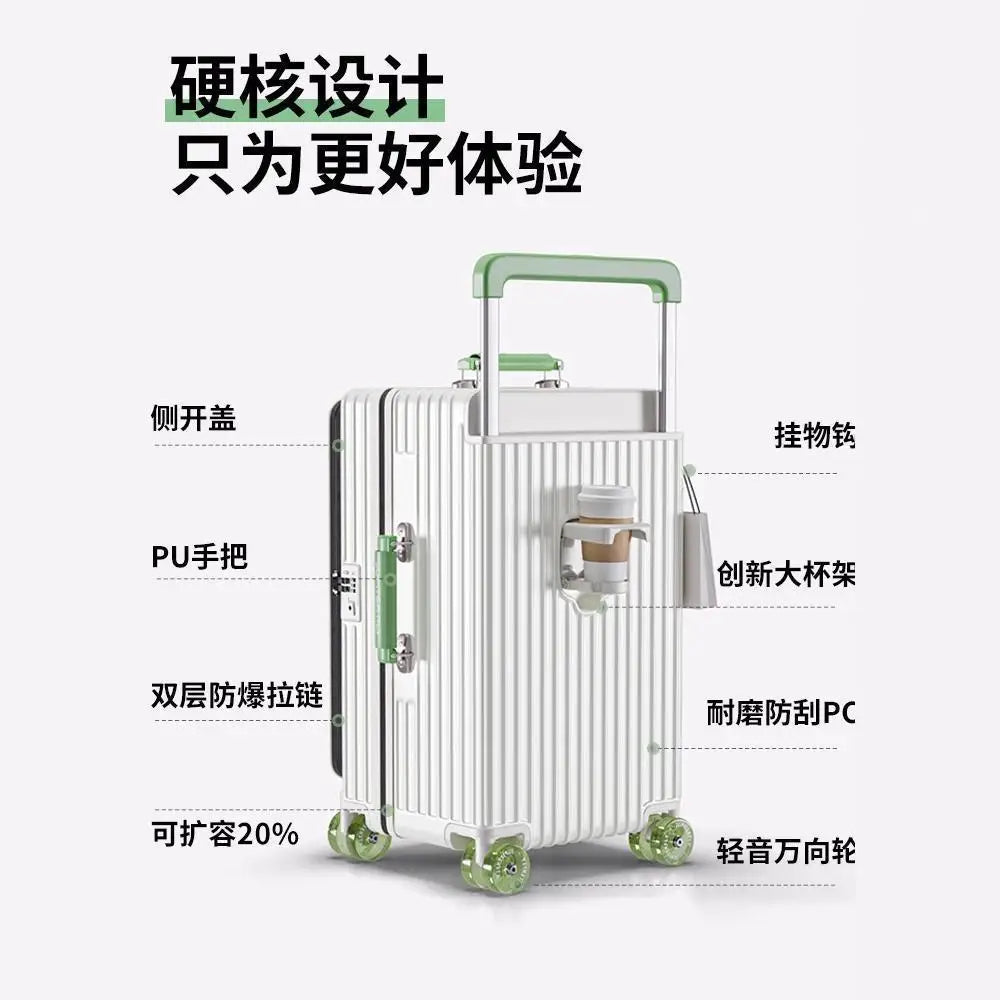 Side opening luggage compartment with expandable 28 inch wide luggage compartment, 20 inch boarding case, 24 inch luggage