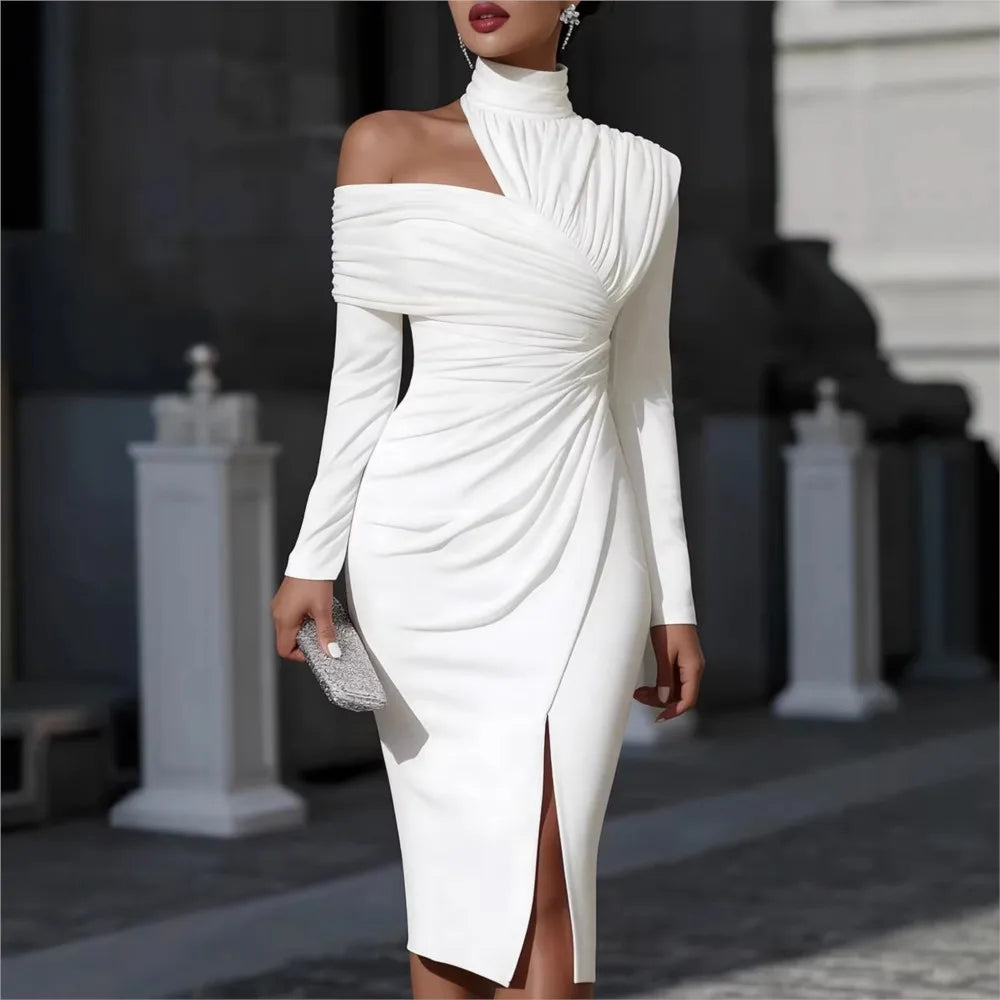 Off-Shoulder Pleated Banquet Dress With Half-High Collar Slit Long Sleeves — Black | KIMLUD