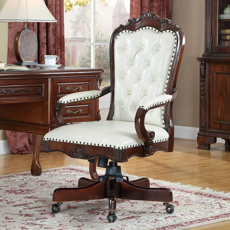 12American Genuine Leather Retro Carved Solid Wood Swivel Chair Office Chair Lift