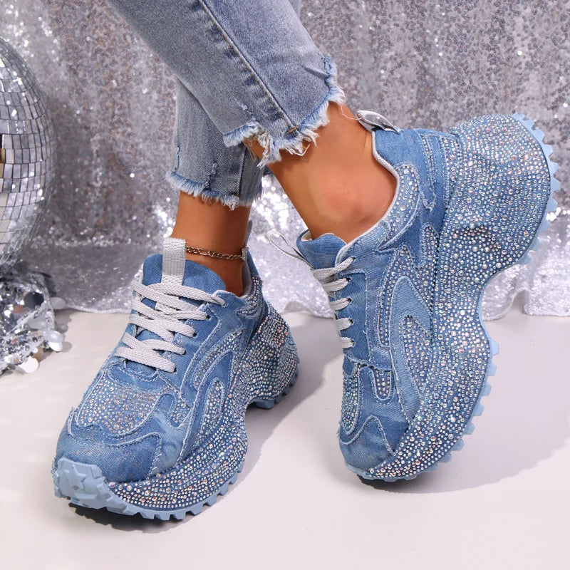 Women's Sneakers – Crystal Embellished Platform – PU Insole | KIMLUD