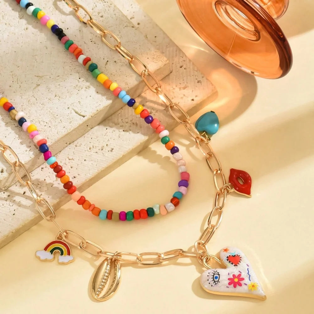 Bohemian Multilayer Handmade Beads Chain Fashion Necklaces Tassels Colorful Love Oil Drop Pendant Pendant Jewelry For Women Acce