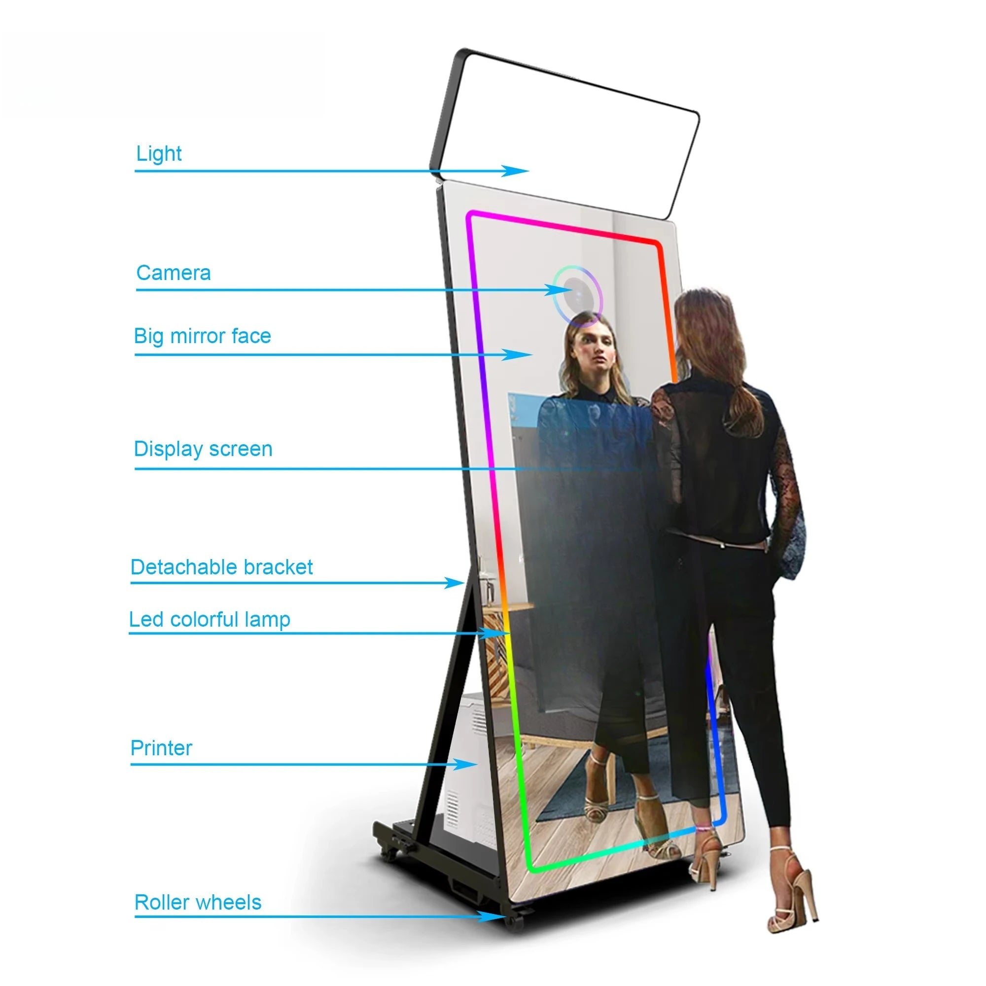 Mirror photo booth, selfie luminous frame, portable touch screen, photo booth machine