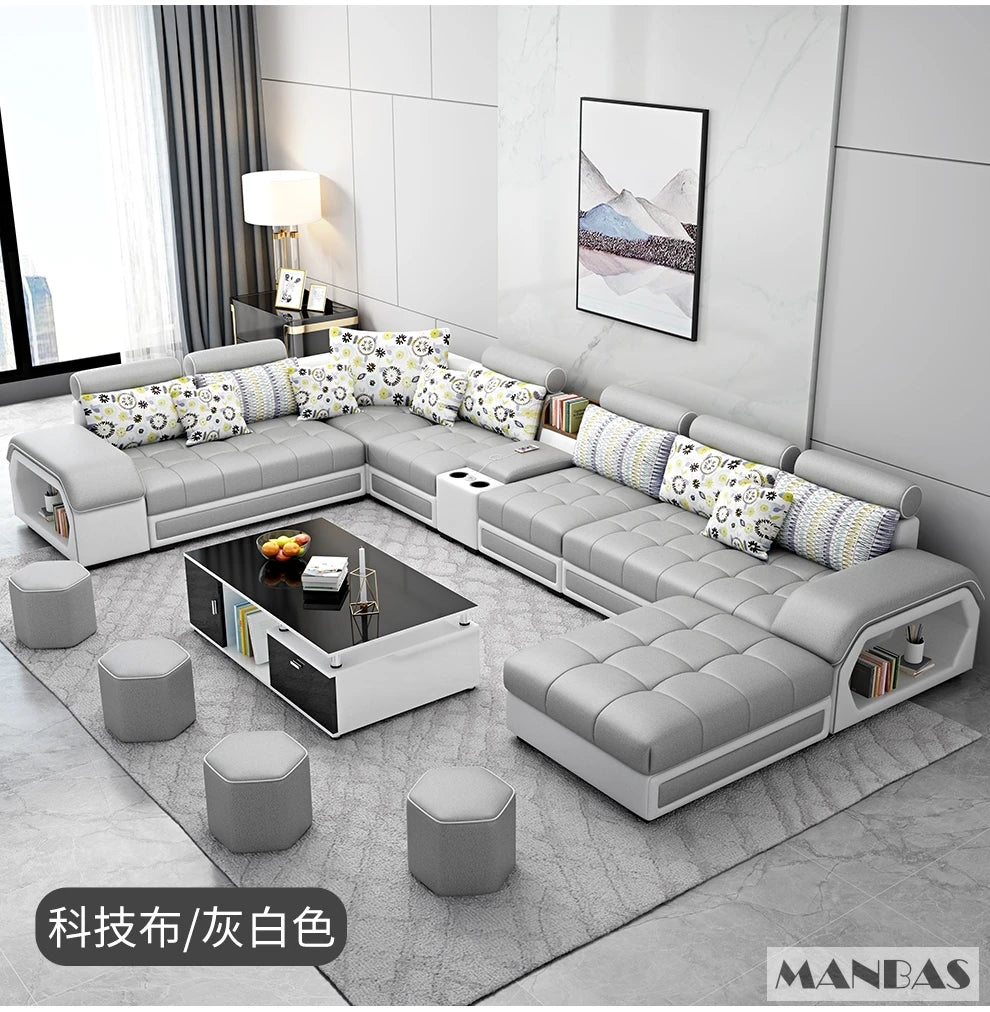 Fabric U-Shape Sofa Set With USB Ports And Stools — Grey | KIMLUD