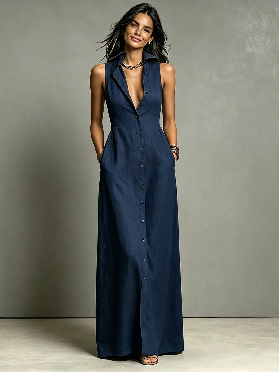 Maxi Dress – Sleeveless Deep V Neck Button Down – Polyester | KIMLUD