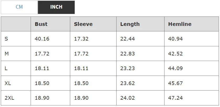 A size chart table showing measurements in centimeters and inches for clothing sizes S through 2XL, with columns for Bust, Sleeve, Length, and Hemline.