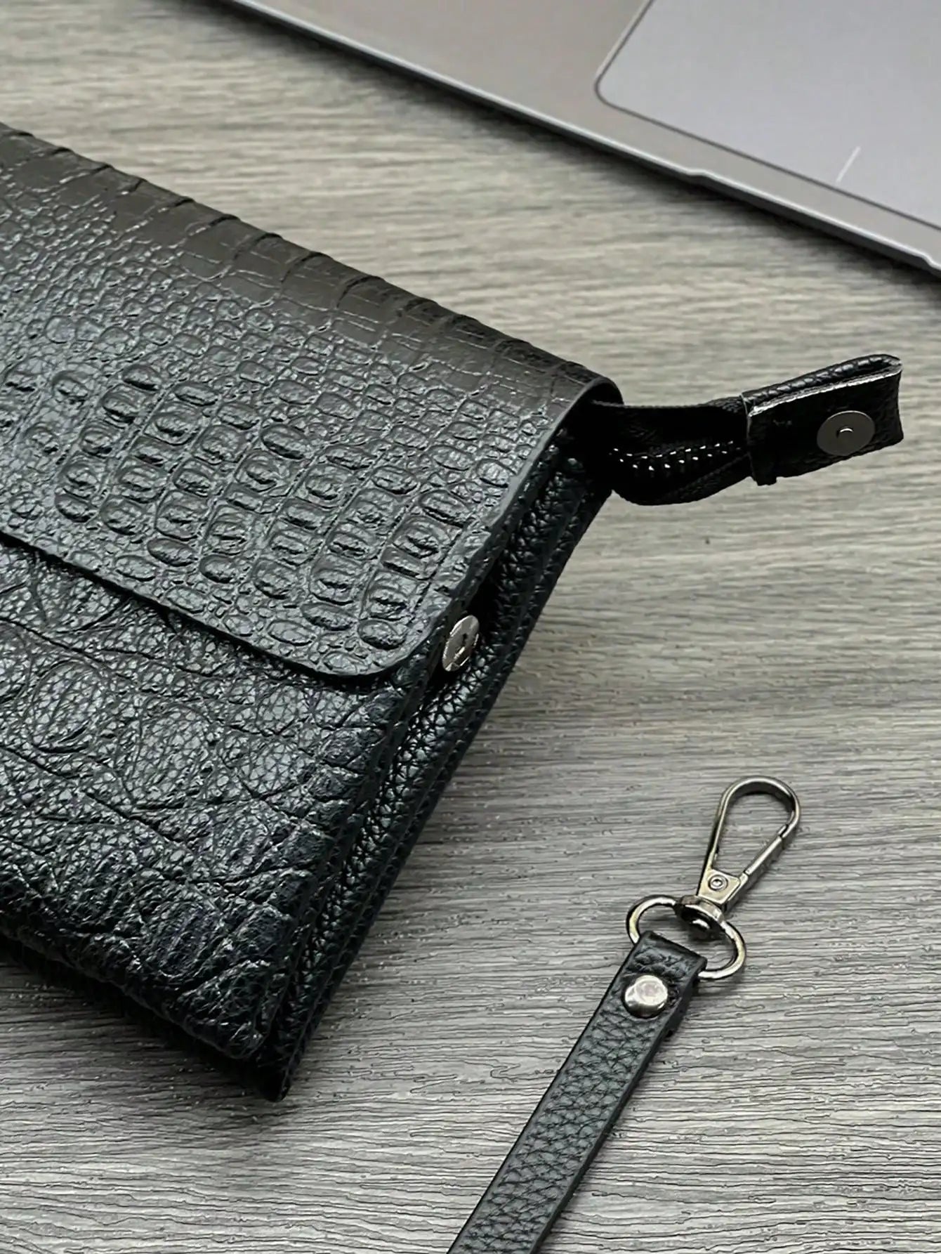 PU Clutch Bag Textured Crocodile Pattern — Black | KIMLUD
